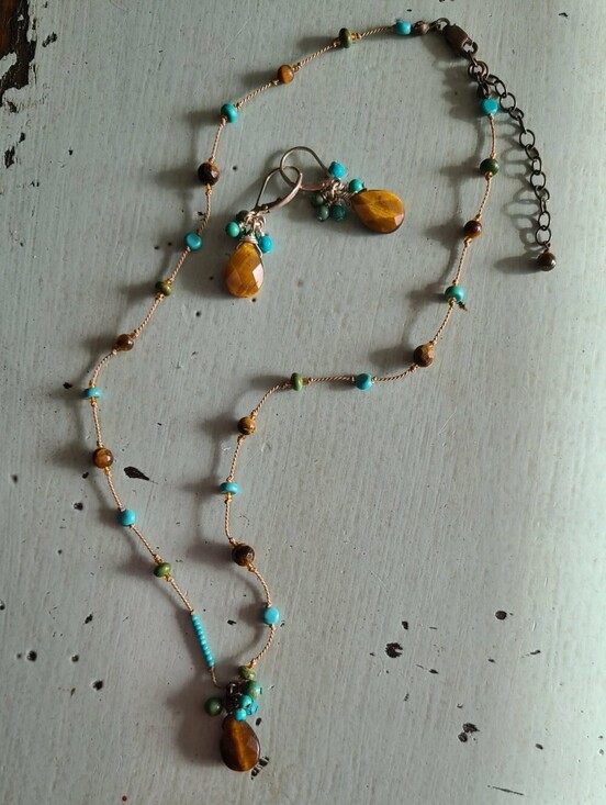 Jewelry - Handmade Turquoise and Tiger Eye Bead Necklace and Earring Set